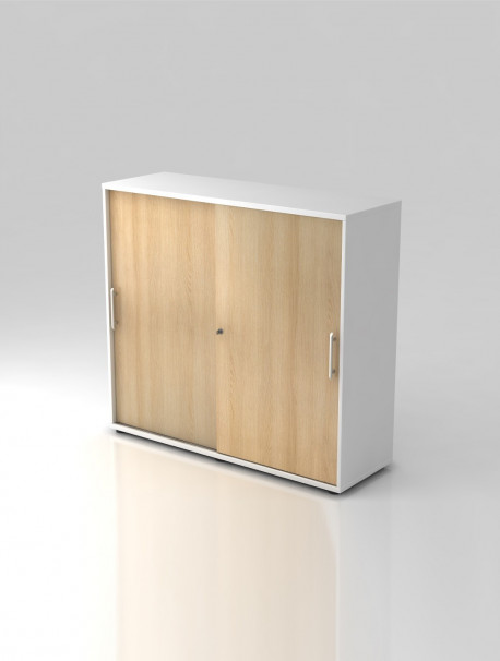 Armoire de bureau bois avec portes coulissantes SLIDER coloris Blanc/Chêne