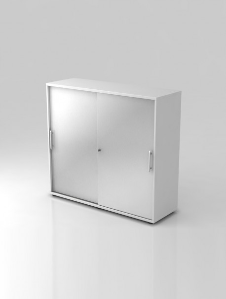 Armoire de bureau bois avec portes coulissantes SLIDER coloris Blanc/Argenté